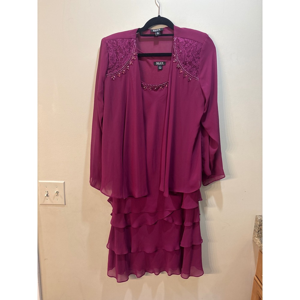 SLNY Womens Plum Purple Beaded Tiered Dress Jacket 2-piece Set Size 14 - Picture 2 of 13